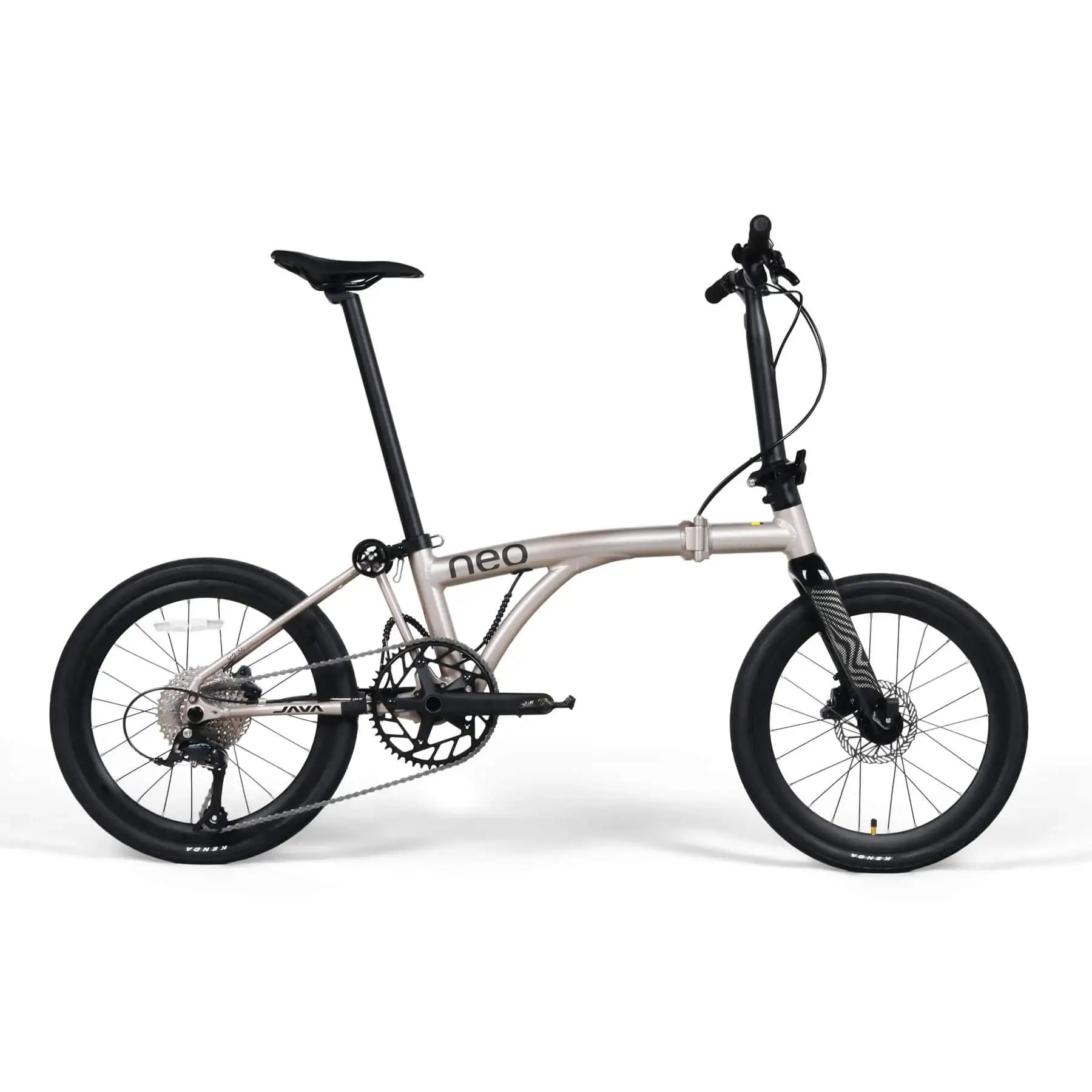 Side profile of Java Neo 3 Trifold 20-inch folding bike with 20-inch aero disc brake wheels