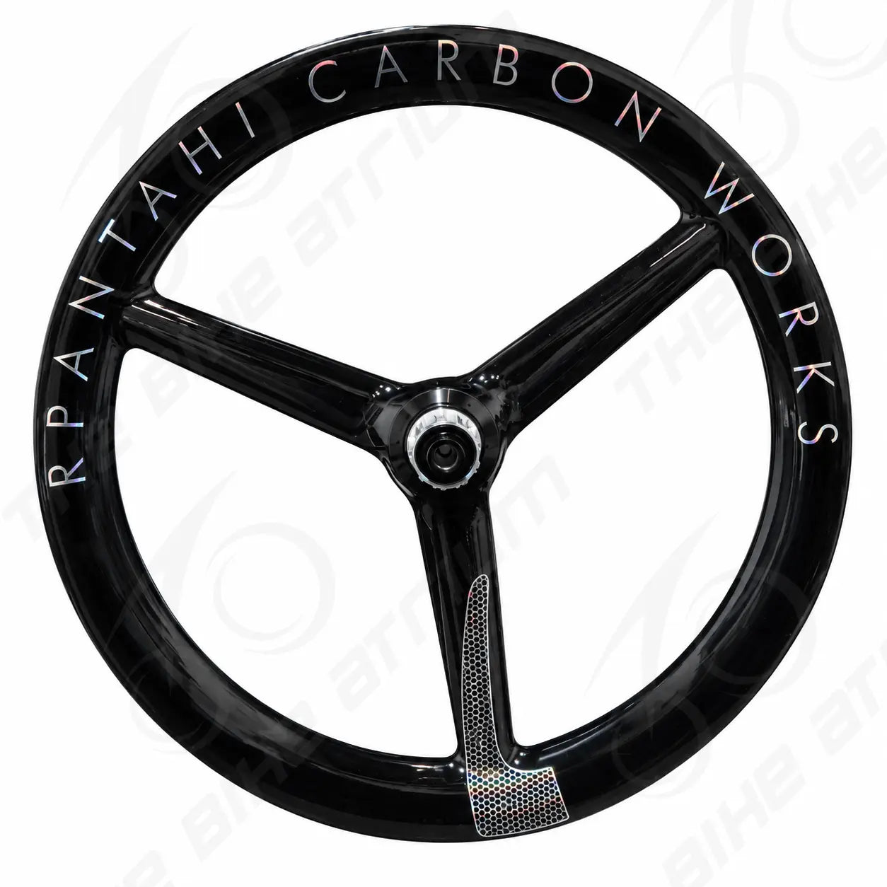 Rpantahi Carbon Trispoke 20-inch 406 wheel for Java Neo, black rim with chrome lettering and three-spoke design.